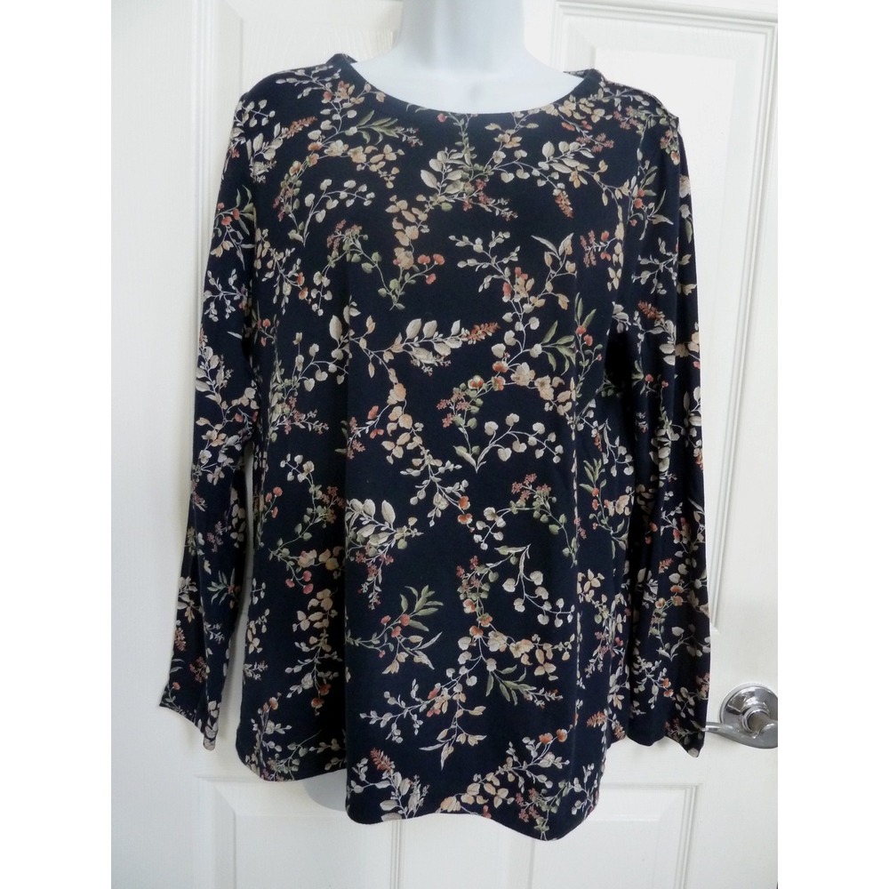 J. Jill Pima Crew Neck Tee Dark Floral Navy Blue Long Sleeve T-Shirt Womens Med